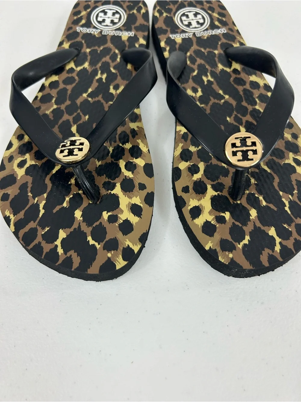 Tory Burch Black Wildlife Print Flip Flops